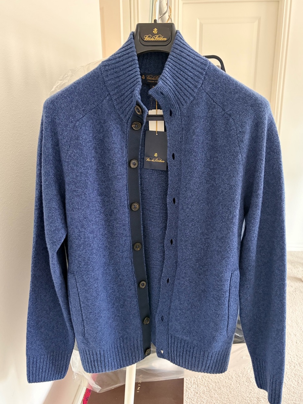NWT Brooks Brothers Blue Italian Yarn Mock Neck Cardigan Sweater Medium